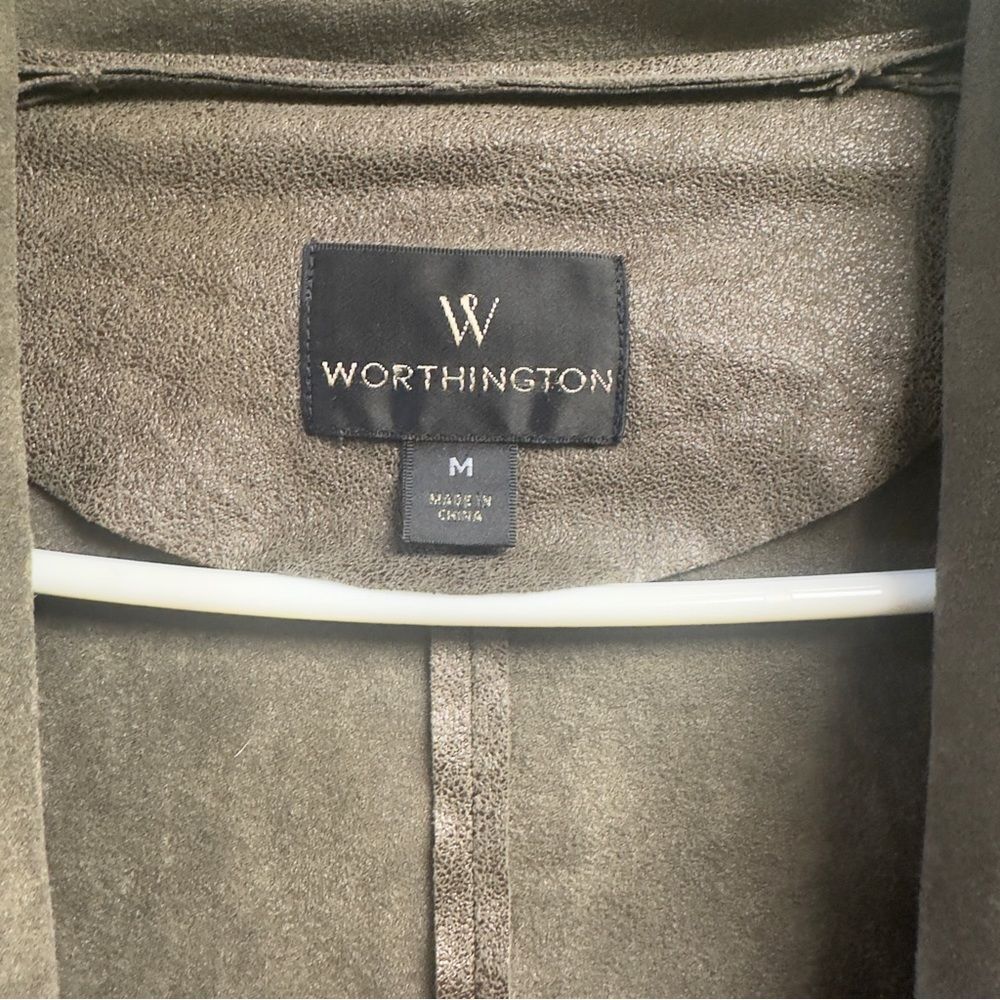 Worthington Faux Suede Drape Front Jacket Womens Medium Taupe Open Cardigan - Picture 2 of 8